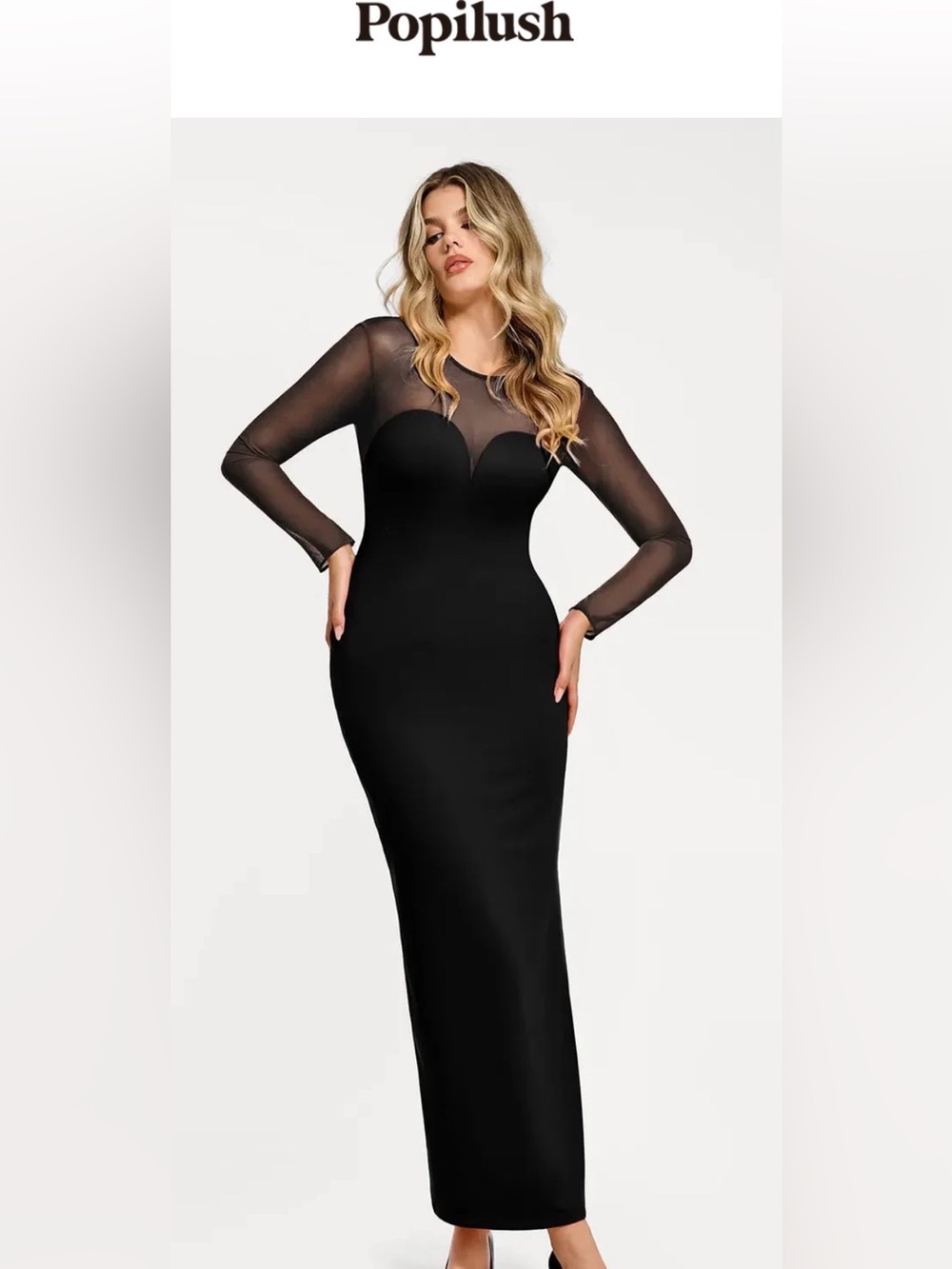 Popilush Shapewear Long Sleeve Sheer Mesh Maxi Dress NWT